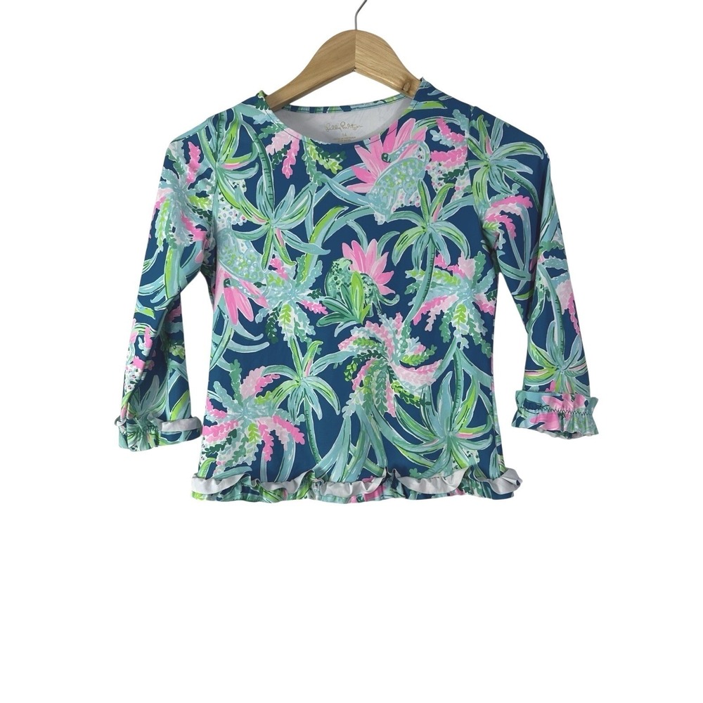 Kids Long Sleeve Swim Top - Navy Tropical Print